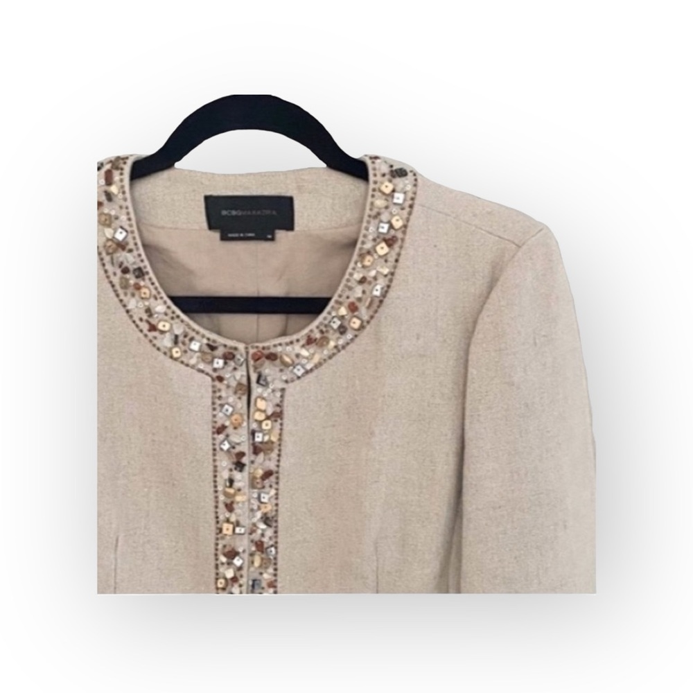 BCBG MaxAzria  Gemma Raw Gems Cropped Linen Jacket  Straw Beige - Picture 6 of 16